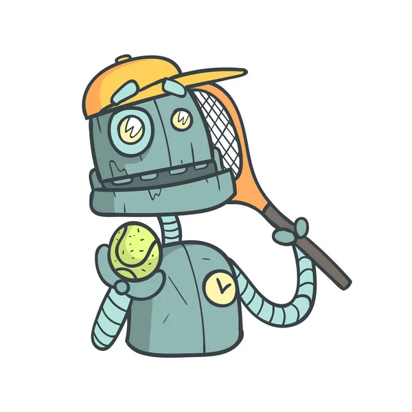 Jogador de tênis Robô azul Desenhos animados ilustração delineada com Android bonito e suas emoções — Vetor de Stock