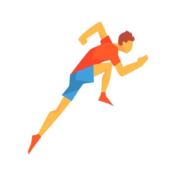 在比赛开始阶段，运行的轨道，在红色的上衣和蓝色短在赛车竞争图的男运动员加速的男人 — 图库矢量图片