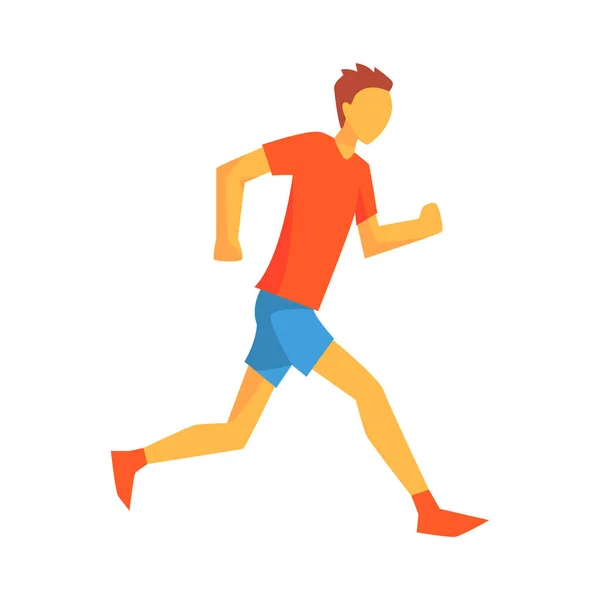 男子马拉松节约能源运行，运行的轨道，在红色的上衣和蓝色短在赛车竞争图的男运动员 — 图库矢量图片