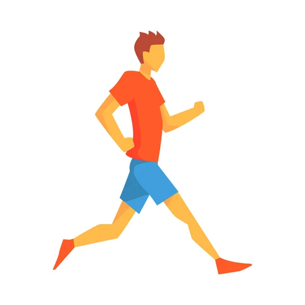 Homme jogging dans le rythme lent, Homme Sportsman courir la piste en haut rouge et bleu court dans la compétition de course Illustration — Image vectorielle