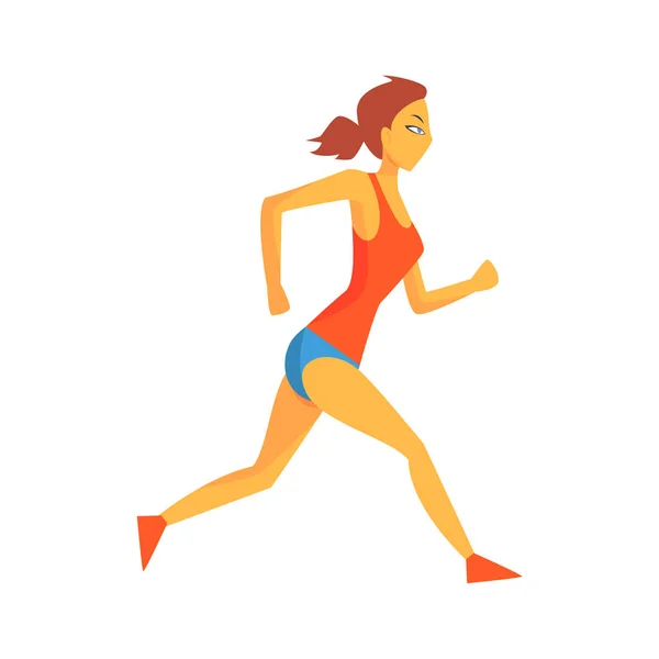 慢跑在缓慢，运行的轨道，在红色的上衣和蓝色短在赛车竞争图的女运动员的女人 — 图库矢量图片