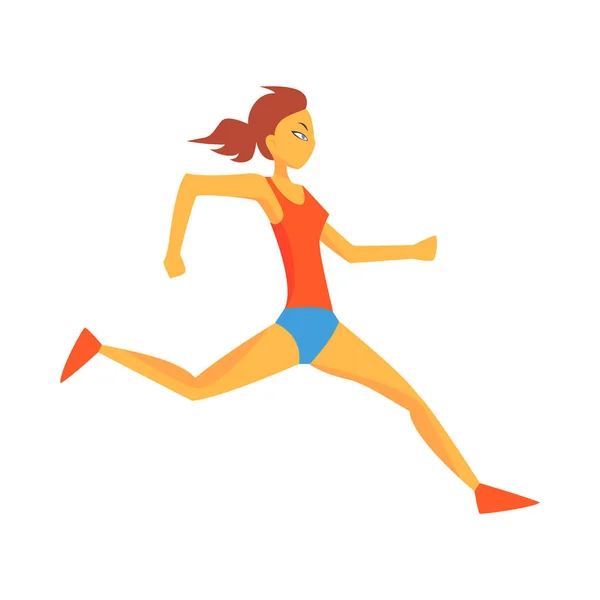 Vrouw Landing op linkerbeen, vrouwelijke sportman uitgevoerd van het spoor In het rood boven- en blauwe kort In competitie illustratie Racing — Stockvector