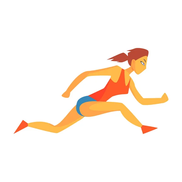 女人在短的距离，在红色的上衣和蓝色短在赛跑比赛图运行的轨道的女运动员冲刺 — 图库矢量图片