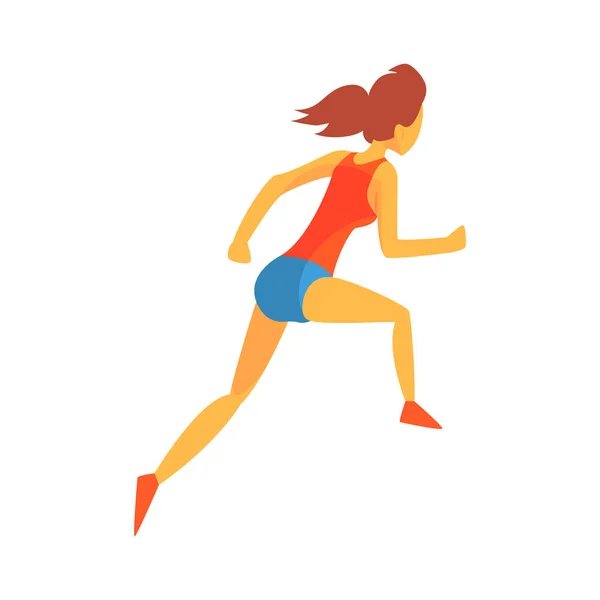 女人与障碍，赛车女运动员运行的轨道，在红色的上衣和蓝色短在赛跑比赛图 — 图库矢量图片