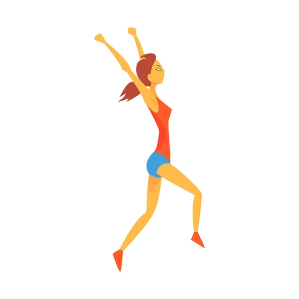 Femme traversant la ligne d'arrivée gagnant, Sportsman féminin exécutant la piste en haut rouge et court bleu dans l'illustration de compétition de course — Image vectorielle
