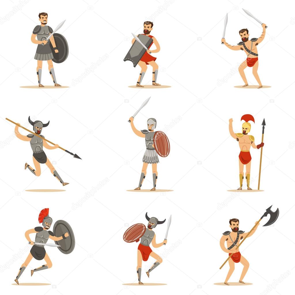 Gladiators Of Roman Empire Era In Historical Armor With Swords And Other Weapons Fighting On Arena Set Of Cartoon Characters