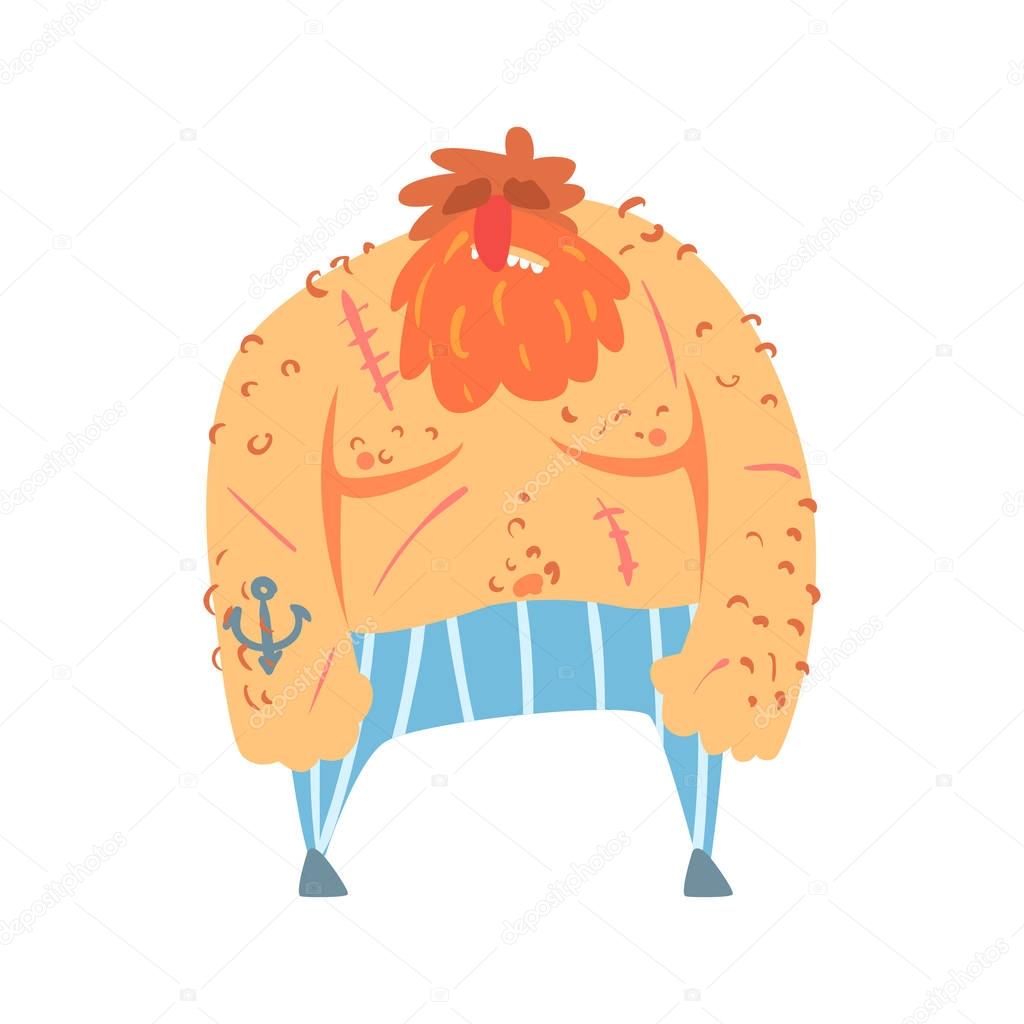 Red Beard Scruffy Pirate With Anchor Tattoo, Filibuster Cut-Throat Cartoon Character