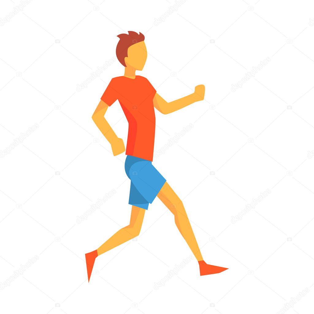 Man Slowly Running Warming Up, Male Sportsman Running The Track In Red Top And Blue Short In Racing Competition Illustration