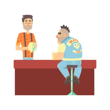 Bırak bisikletçinin çete üyesi sakin barmen, bira Bar ve iyi zaman resimde sahip kaslı erkek arıyorum ceza kontuarında kot kıyafeti
