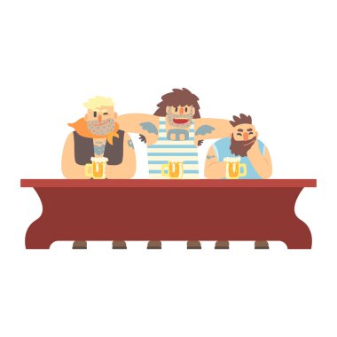 Üç çete üyesi bulunan uzun masada bira Bar ve suç seyir kaslı erkekler iyi zaman resimde sahip içme kürek dövme