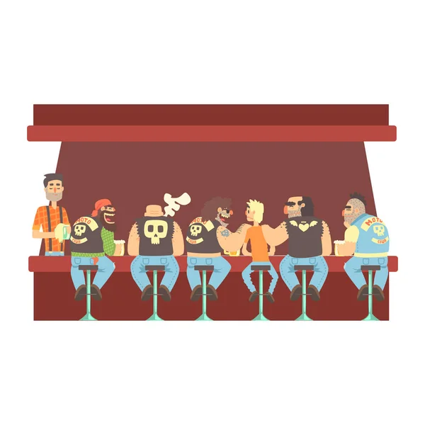 Gang Of Bikers And One Skinny Young Guy Stting At The Counter With Calm Barmen Behind , Beer Bar And Criminal Looking Muscly Men Having Good Time Illustration — Stock Vector