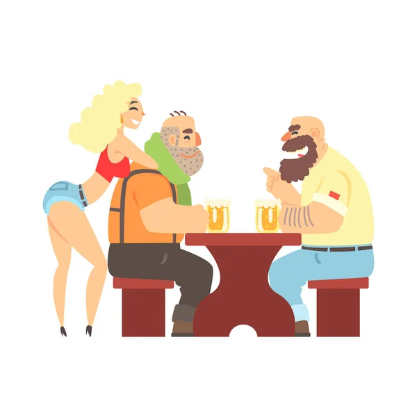 Dos leñadores charlando en la mesa con una camarera sexy inclinada hacia atrás, un bar de cervezas y hombres musculosos de aspecto criminal que se divierten ilustración — Archivo Imágenes Vectoriales