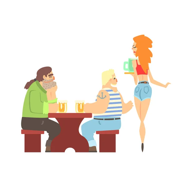 Dvěma tyčovými klienty obtěžovat Sexy servírka podávající nápoje, pivní Bar a trestního pohledu svalnatých mužů mít dobrý čas ilustrace — Stockový vektor