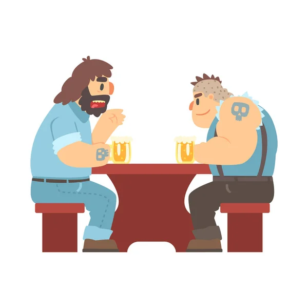 Dos miembros de pandillas con tatuajes hablando en la mesa, bar de cervezas y hombres musculosos de aspecto criminal que se divierten ilustración — Archivo Imágenes Vectoriales