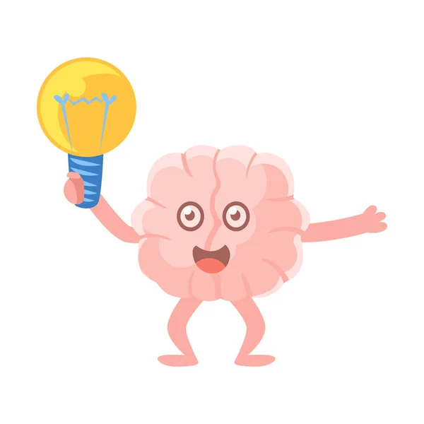 Cérebro Humanizado Segurando Uma Lâmpada Elétrica Animada Tendo Uma Ideia, Intelecto Órgão Humano Caráter dos Desenhos Animados Ícone Emoji — Vetor de Stock
