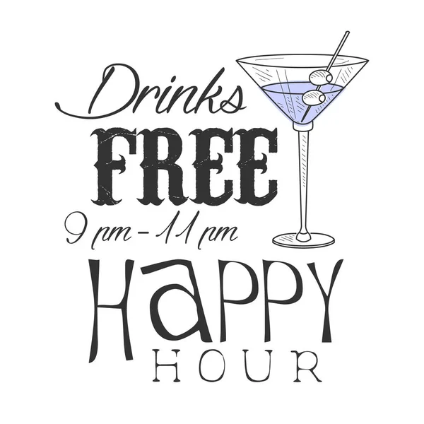 Bar Happy Hour Promozione segno Design Template disegnato a mano Hipster Sketch con Martini Cocktail Glass — Vettoriale Stock