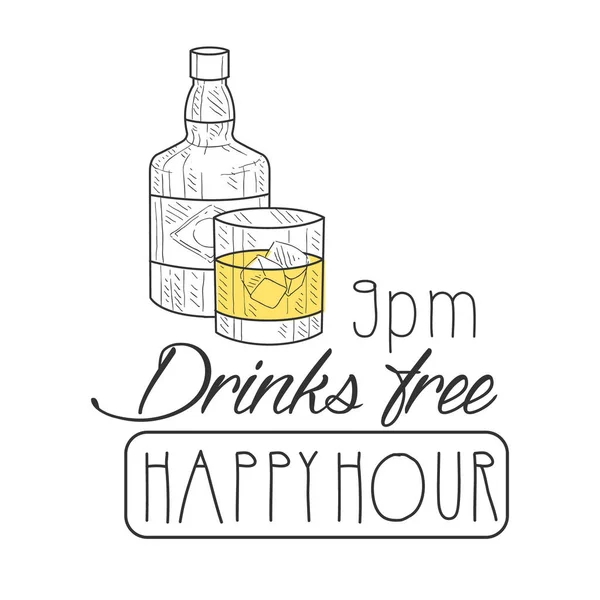 Bar Happy Hour Promozione segno Design Template disegnato a mano Hipster Sketch con bottiglia di whisky e vetro — Vettoriale Stock