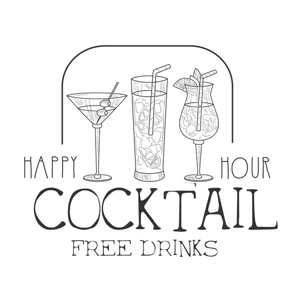 Bar Happy Hour Promozione segno Design Modello disegnato a mano Hipster Sketch con assortimento di cocktail — Vettoriale Stock