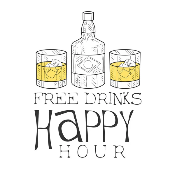 Bar Happy Hour Promozione segno Design modello disegnato a mano Hipster Sketch con bottiglia di whisky e due bicchieri — Vettoriale Stock