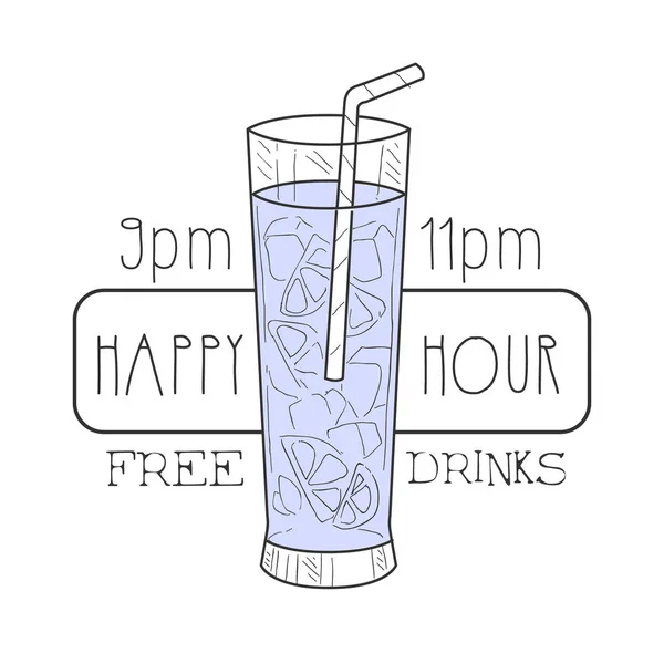 Bar Happy Hour Promozione segno Design Template disegnato a mano Hipster Sketch con bicchiere da cocktail alto pieno con paglia — Vettoriale Stock