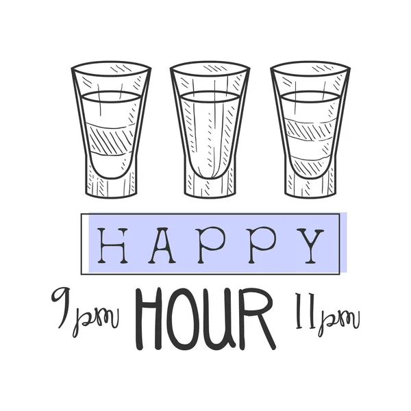 Bar Happy Hour Promozione segno Design Template disegnato a mano Hipster Sketch con set di cocktail colpo — Vettoriale Stock