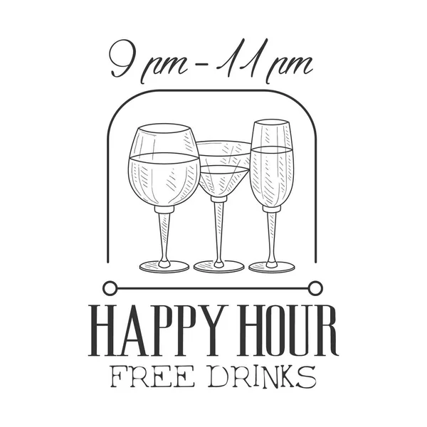 Bar Happy Hour Promozione segno Design Template disegnato a mano Hipster Sketch con vino e bicchieri da cocktail — Vettoriale Stock