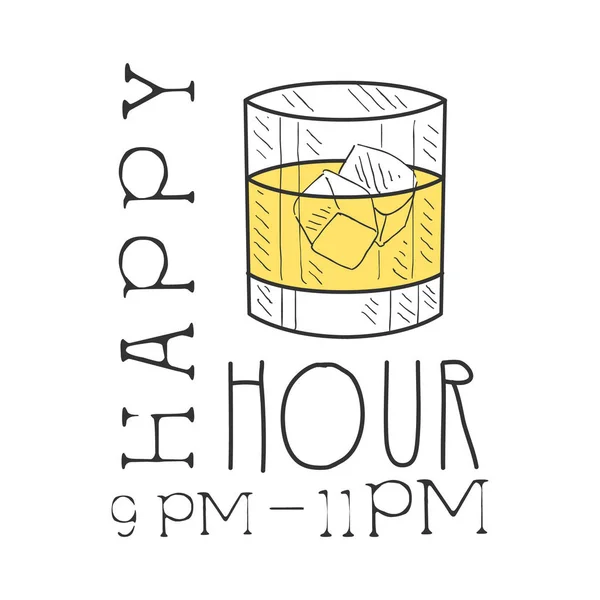 Bar Happy Hour Promozione segno Design Template disegnato a mano Hipster Sketch con vetro con whisky e cubetti di ghiaccio — Vettoriale Stock