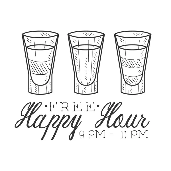 Bar Happy Hour Promozione segno Design modello disegnato a mano Hipster Sketch con tre colpi — Vettoriale Stock