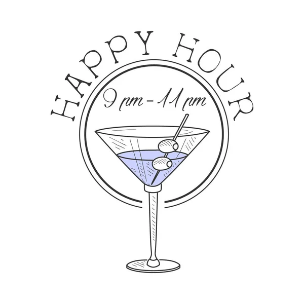 Bar Happy Hour Promozione segno Design Template disegnato a mano Hipster Sketch con Martini Cocktail con olive — Vettoriale Stock