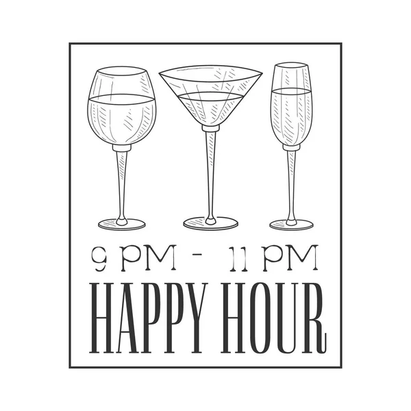 Bar Happy Hour Promozione segno Design modello disegnato a mano Hipster Sketch con occhiali in cornice quadrata — Vettoriale Stock