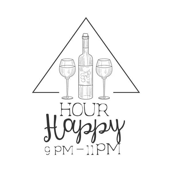 Bar Happy Hour Promozione segno Design modello disegnato a mano Hipster Sketch con bottiglia di vino e due bicchieri — Vettoriale Stock