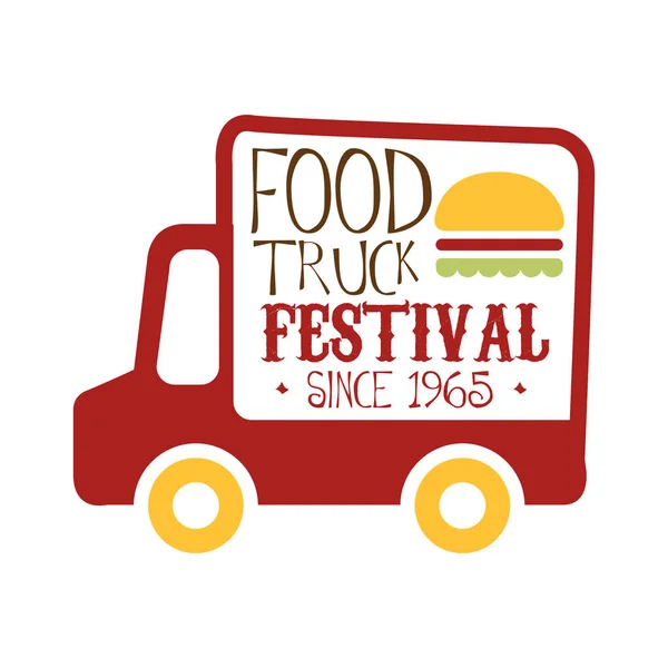 Food Truck Cafe Food Festival Promo Sign, Colorful Vector Design Template With Red Vehicle Silhouette — Stock Vector