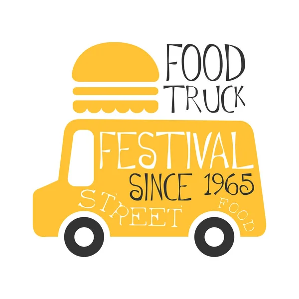 Food Truck Cafe Food Festival Promo Sign, Colorful Vector Design Template With Vehicle With Burger For Trailer Silhouette — Stock Vector
