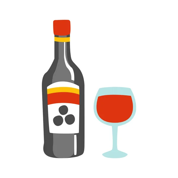 Flasche Rotwein und ein Glas Alkoholgetränk primitive Cartoon-Ikone, Teil einer Serie von Cliparts im Pizzacafé — Stockvektor