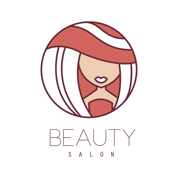 Natural Beauty Salon Hand Drawn Cartoon Outlined Sign Design Template With Summer Tan Girl In Wide Hat In Round Frame — Stock Vector