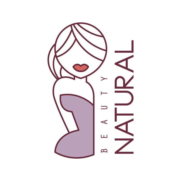 Natural Beauty Salon Hand Drawn Cartoon Outlined Sign Design Template With Half Body Of Blond Woman In Violet Dress — Stock Vector