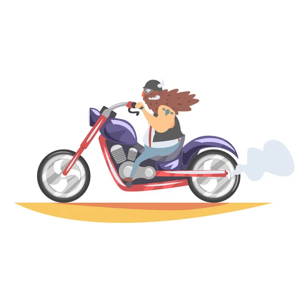 Outlaw Biker Club Member With Long Beard And Tattoo Riding Heavy Chopper In Leather Vest And Smiling — Stock Vector