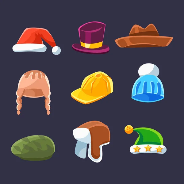 Olika typer av hattar och mössor, varm och elegant för barn och vuxna Serie av tecknad färgstark vektor klädesplagg — Stock vektor