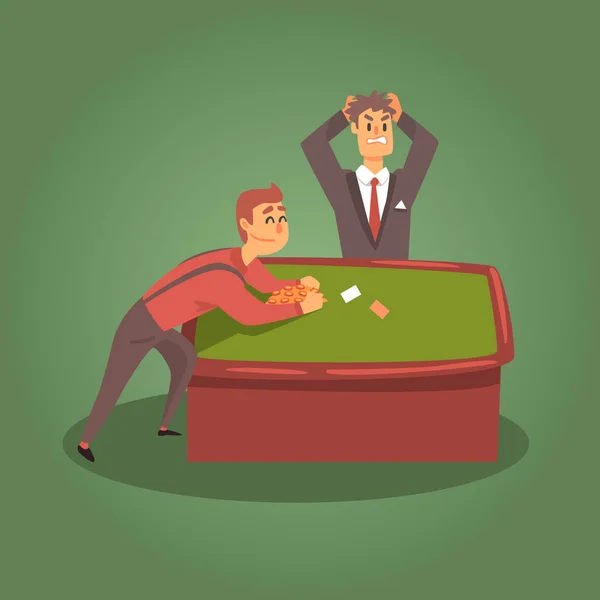 Jugador rompiendo el banco en la mesa de póquer con distribuidor en el horror, el juego y el club nocturno del casino — Vector de stock