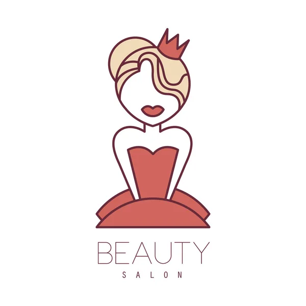 Natural Beauty Salon Hand Drawn Cartoon Outlined Sign Design Template with Princess In Red Dress Stok Ilustrasi 