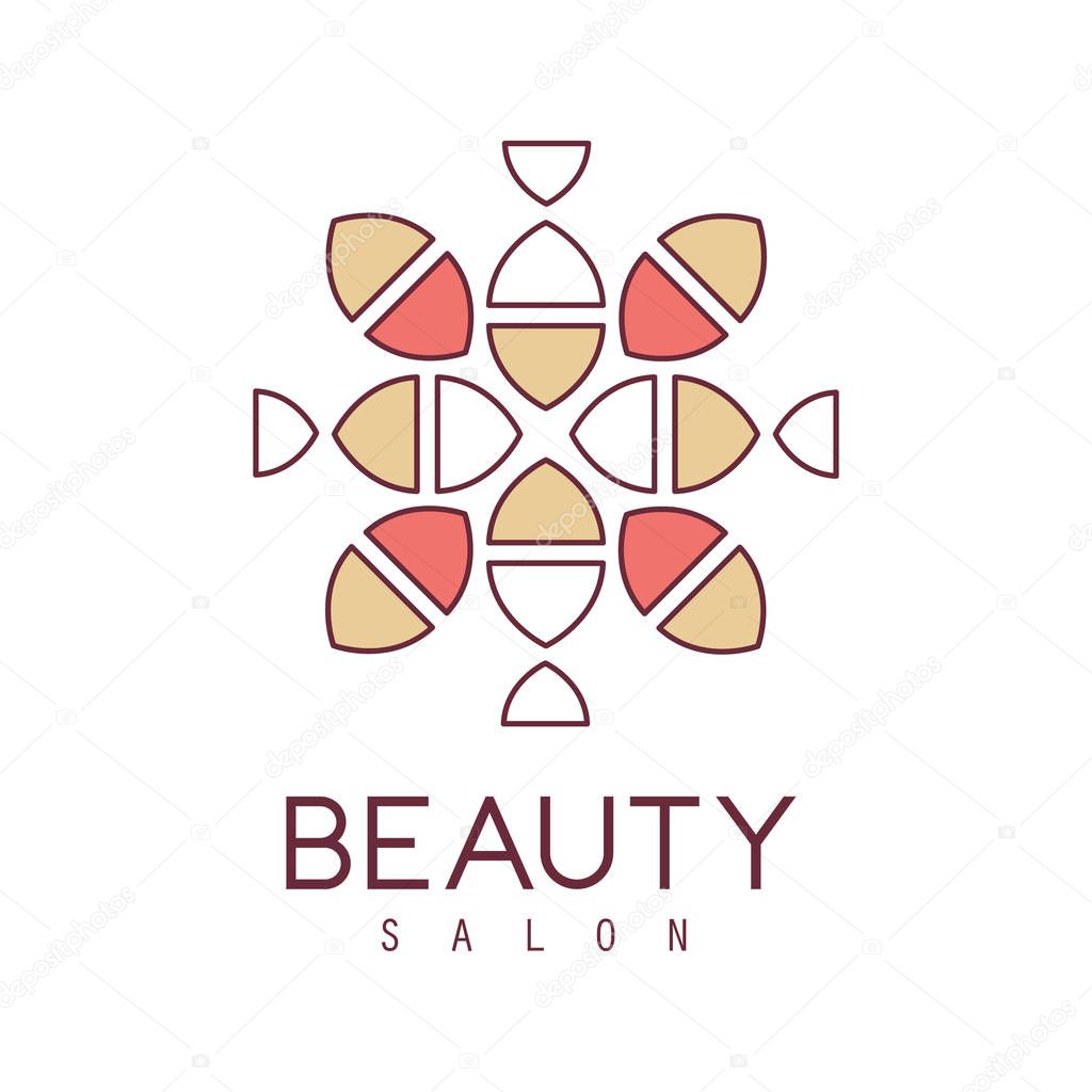 Natural Beauty Salon Hand Drawn Cartoon Outlined Sign Design Template With Stylized Simple Geometric Pattern In Red And Yellow