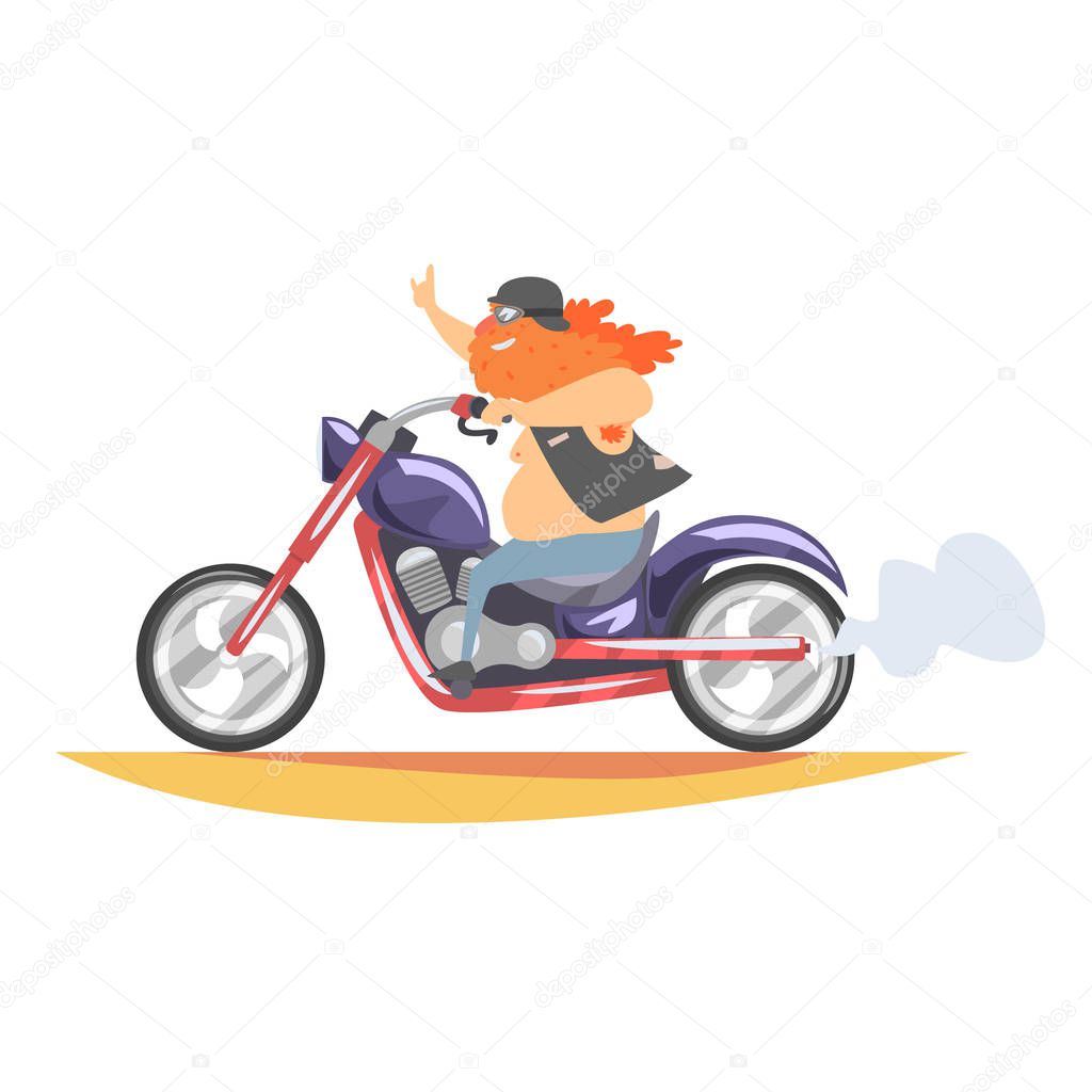 Outlaw Biker Club Member With Long Beard Riding Fast Heavy Chopper In Leather Vest