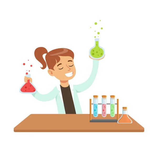 Химик-девушка и химический эксперимент, ребенок, занимающийся научными исследованиями, мечтает стать профессиональным ученым в будущем — стоковый вектор