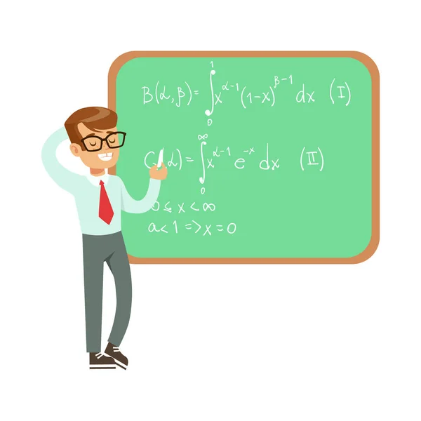Menino matemático escrever fórmulas no quadro negro, Kid fazendo pesquisa científica sonhando em se tornar cientista profissional no futuro — Vetor de Stock