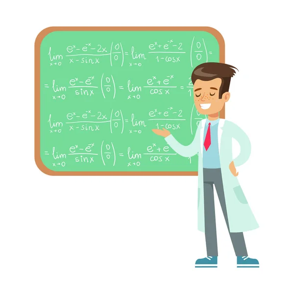 Boy Mathematician Writing Formulas On Blackboard, Kid Doing Math Science Research Dreaming Of Becoming Professional Scientist In The Future — Stock Vector