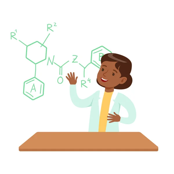 Girl Chemist Explaining Skeletal Chemical Formula, Kid doing Science Research Dreaming Of Becoming Professional Scientist In The Future - Stok Vektor