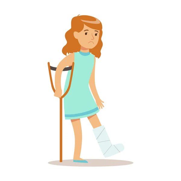 Sjuka barn med gjutna på benet sjukdomskänsla lider skada som behöver hälso-och medicinsk hjälp seriefigur — Stock vektor