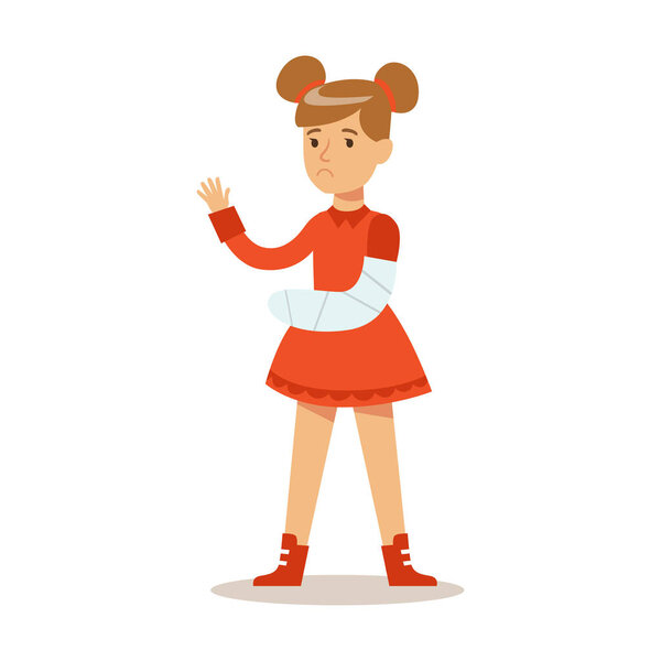 Больной ребенок со сломанной рукой чувствует себя нездоровым от травмы, требующей медицинской помощи Персонаж мультфильма
