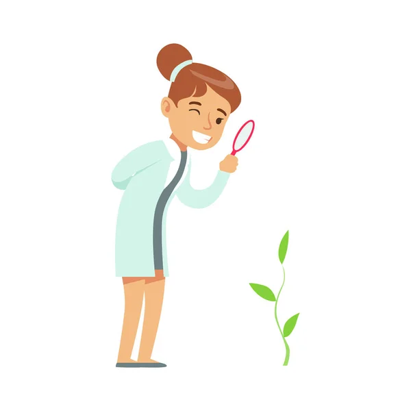 Girl Botanist Studying Plant, Kid Doing Botany Science Research Dreaming Of Becoming Professional Scientist In The Future — Stock Vector