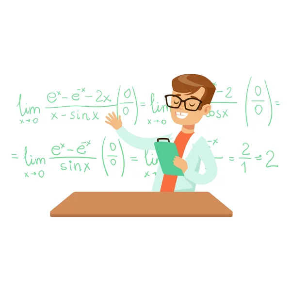 Boy Explaining Mathematic Formula, Kid Doing Math Science Research Dreaming Of Becoming Professional Scientist In The Future — Stock Vector